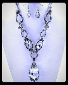 Large Crystal Teardrop Necklace Handmade Silver Filigree Design